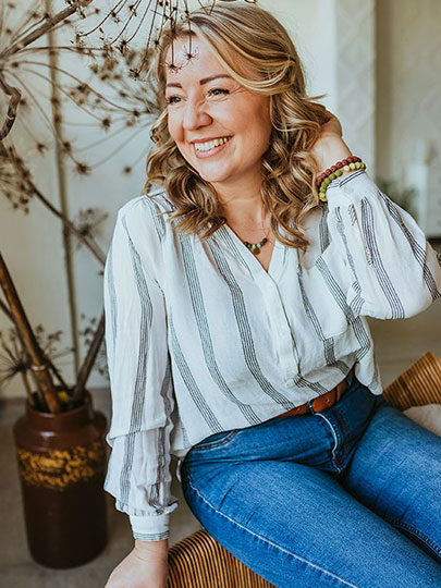 happy woman and nice shirt and jeans